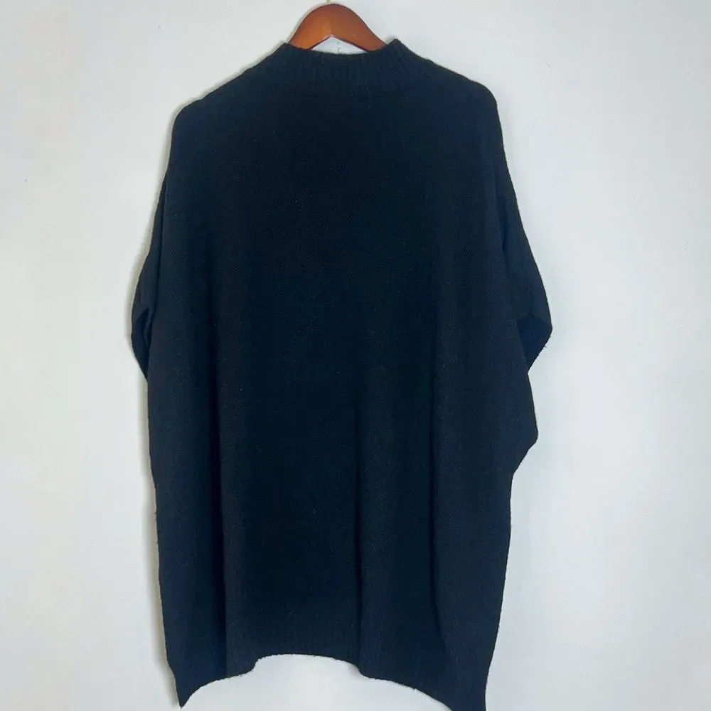 J.Crew Black Wool Blend Mockneck Button-detail Poncho Sweater